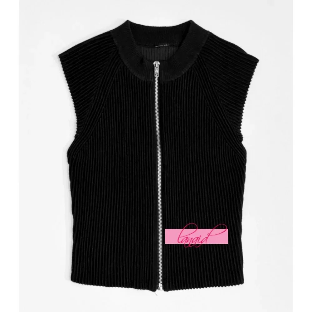 Alo Denim Knit Sleeveless Full Zip Top Black Anthracite Zipper Sweater Knit Tank